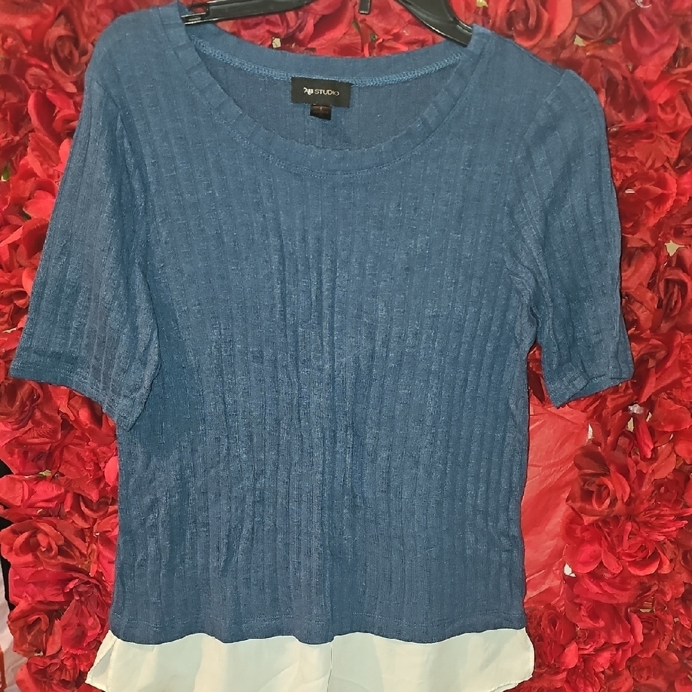 AB Studio Women's Blue Ribbed Ruffled Layered Look Blouse Size Large